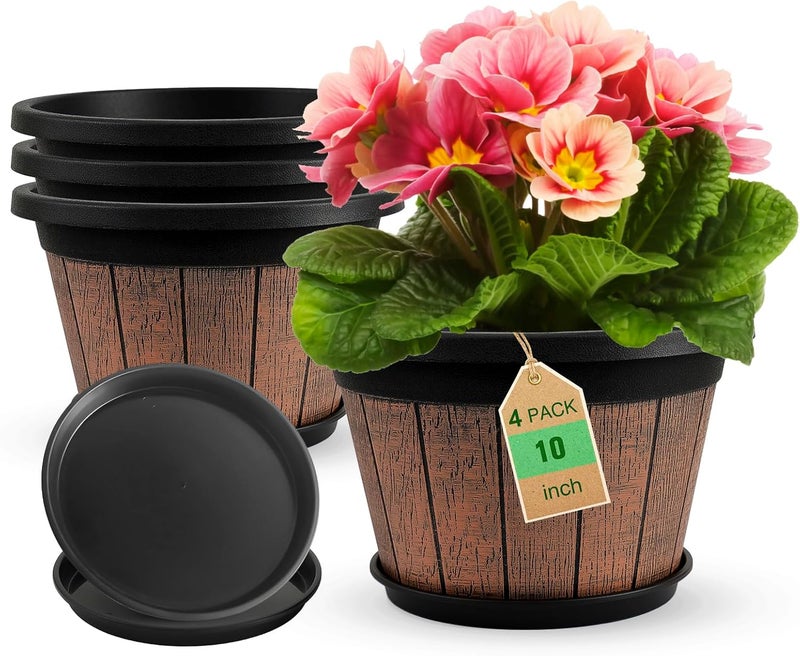 Quarut 4 Pack 10 inch Plant Pots,Upgrade Whiskey Barrel Planters with Drainage Holes & Saucer,Plastic Decoration Flower Pots Retro Design,Planters for Outdoor Indoor Garden Home Plants (Brown) - Image 1